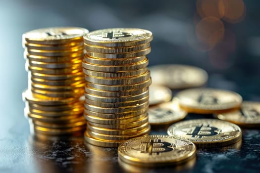 Bitcoin cryptocurrency with pile of coins . generative ai.