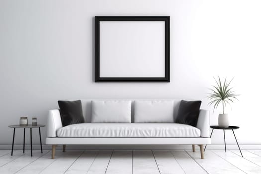 3d rendering of a living room with a couch and a blank white board on the wall Genarative AI.