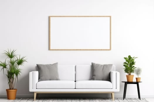 3d rendering of a living room with a couch and a blank white board on the wall Genarative AI.