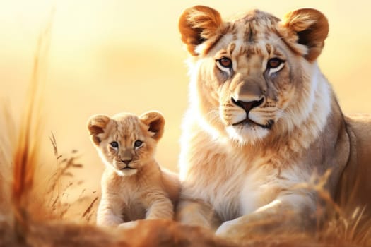 Mother love between lovely a lion and a cub created. generative ai.