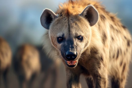 Close up of hyena strolling across field. Generative AI.