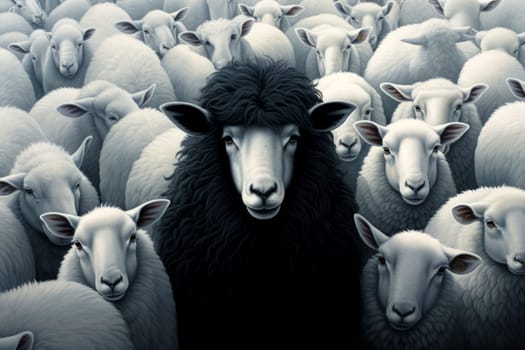 A flock of white sheep with black in the middle. generative ai.