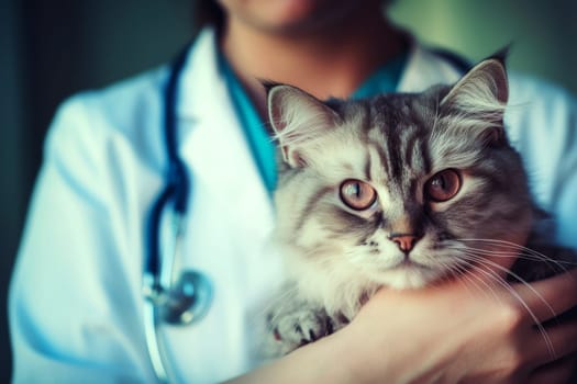 Veterinarian examining a cat in a veterinary clinic, closeup. Generative Ai.