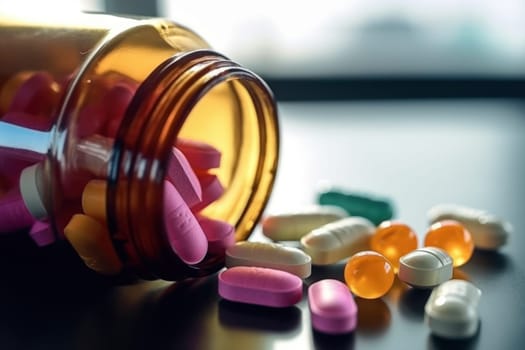 Background with many different medications pills and capsules Generative AI.
