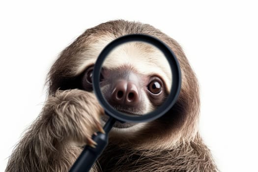 A sloth hold with a magnifying glass on white background . AI generated.
