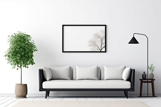 3d rendering of a living room with a couch and a blank white board on the wall Genarative AI.