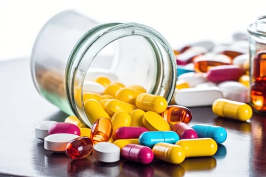 Background with many different medications pills and capsules Generative AI.