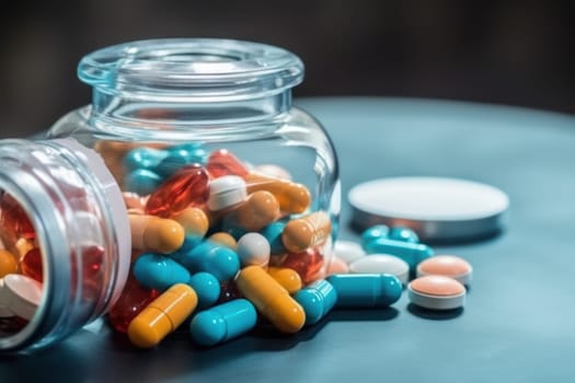 Background with many different medications pills and capsules Generative AI.