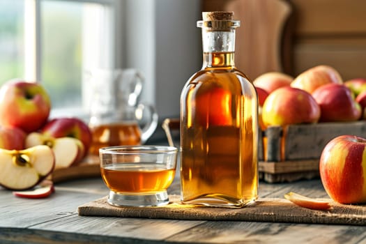 Apple cider vinegar in bottle and apples - AI Generated.