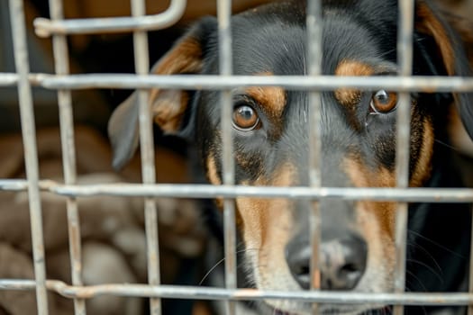 close up Sad large dogs caught in cage. Generative AI.
