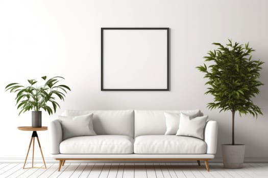 3d rendering of a living room with a couch and a blank white board on the wall Genarative AI.