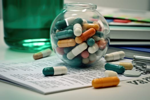 Background with many different medications pills and capsules Generative AI.