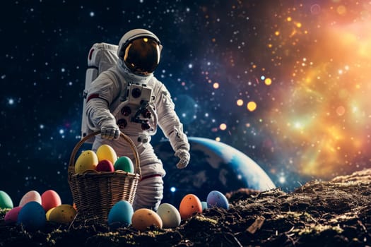 A space astronaut hold Easter eggs in basket. earth planet background. Generative ai.