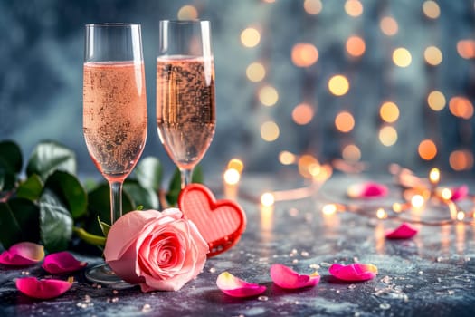 valentine day celebration with champagne, bokeh background. Generative AI.