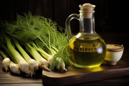fennel oil in a glass bottle on a table.generative AI.