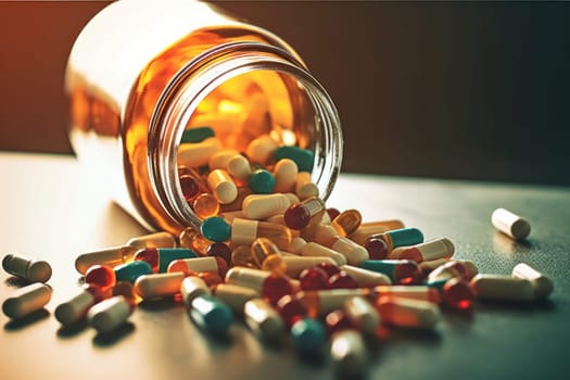 Background with many different medications pills and capsules Generative AI.