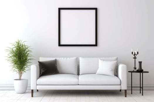 3d rendering of a living room with a couch and a blank white board on the wall Genarative AI.