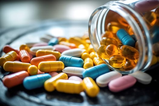 Background with many different medications pills and capsules Generative AI.