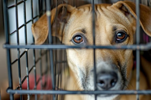 close up Sad large dogs caught in cage. Generative AI.
