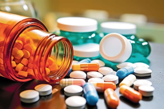Background with many different medications pills and capsules Generative AI.