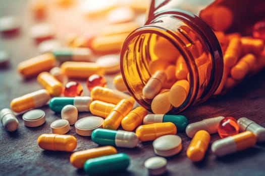 Background with many different medications pills and capsules Generative AI.