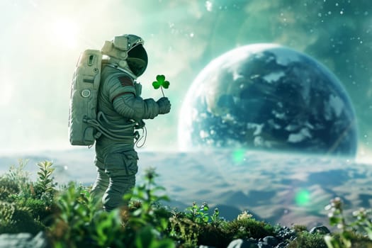 An astronaut holding a shamrock Patrick leaf on the moon, . Generative AI..