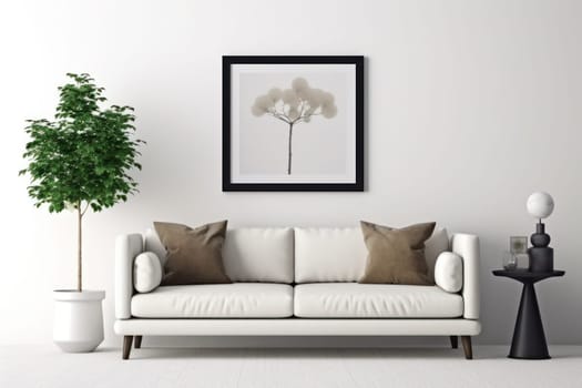 3d rendering of a living room with a couch and a blank white board on the wall Genarative AI.