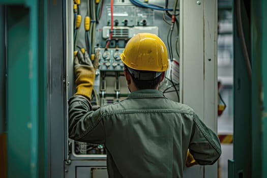 electrical engineer checks the voltage of the electrical at the terminal in the main distribution board . AI generative.