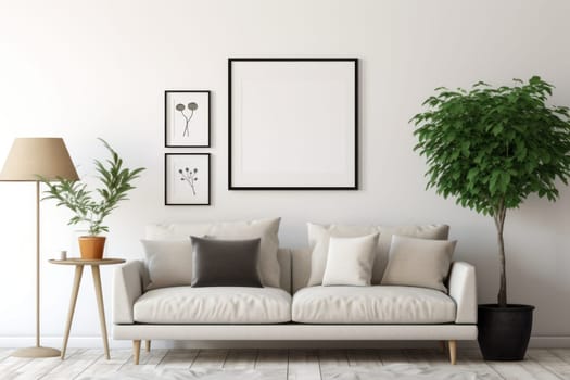 3d rendering of a living room with a couch and a blank white board on the wall Genarative AI.