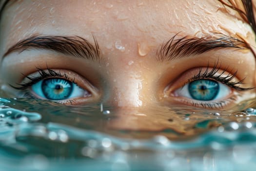 AI generated illustration of a woman's eye above the surface of water.