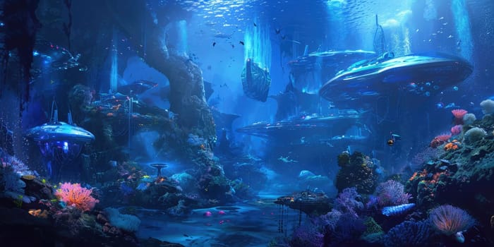 An underwater city with bioluminescent coral, schools of colorful fish, and ancient ruins, all illuminated by the eerie glow of an underwater volcano. Resplendent.