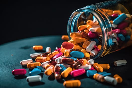 Background with many different medications pills and capsules Generative AI.