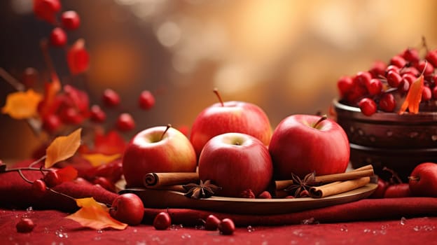 Delicious Autumn Apple Harvest: A Bountiful Red Fruit Basket on Rustic Wooden Table