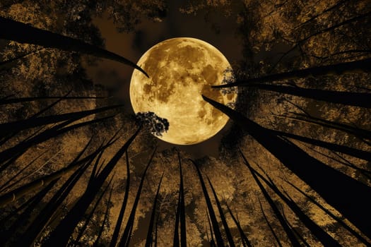 exposure of bamboo forest and full moon in the night sky. Generative AI.