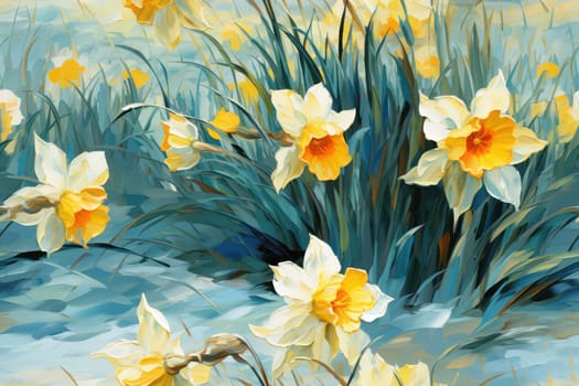 Yellow Blooming Beauty: Vintage Floral Illustration of Narcissus Blossom on a Bright Spring Meadow Background