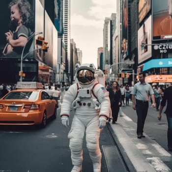 Astronaut walking down at the old streets Generative AI.