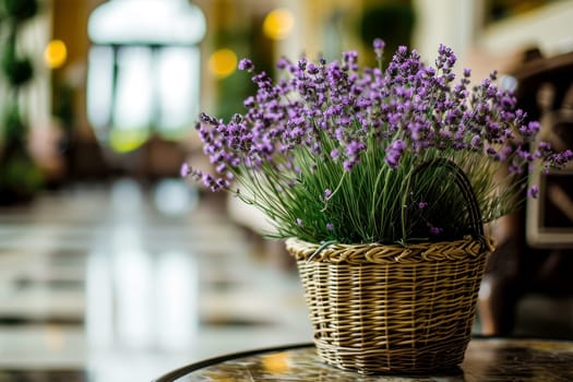 Basket with lavender on natural light background, Generative AI.