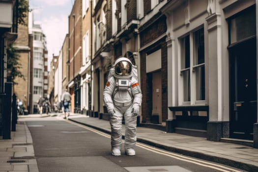 Astronaut walking down at the old streets Generative AI.