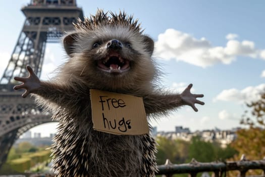 a hedgehog with Free hugs banner amused , generative ai.