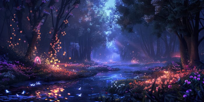 An enchanted forest at night, with glowing flowers, a sparkling river, and mystical creatures lurking in the shadows. Resplendent.