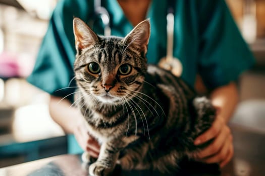 Veterinarian examining a cat in a veterinary clinic, closeup. Generative Ai.