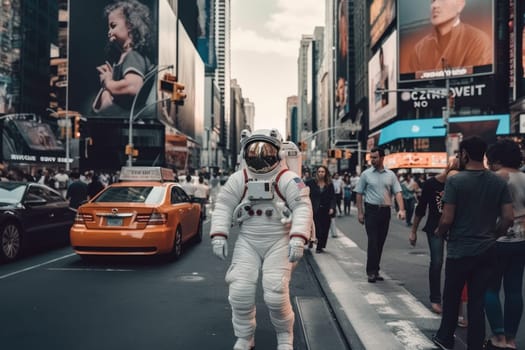 Astronaut walking down at the old streets Generative AI.