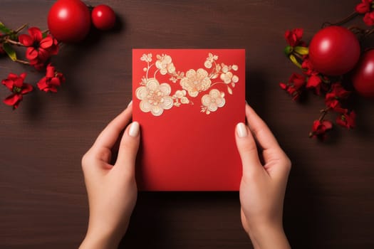 hand woman holding with blank red card. Chinese new year concept .generative ai.