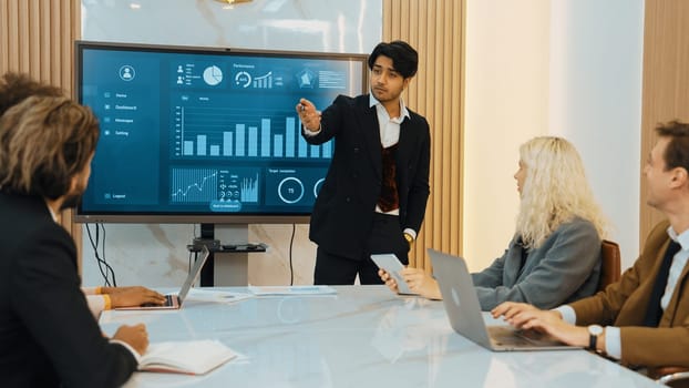 Presentation in office or ornament meeting room with analyst team utilize BI Fintech to analyze financial data. Businesspeople analyzing BI dashboard power display on TV screen for strategic planning