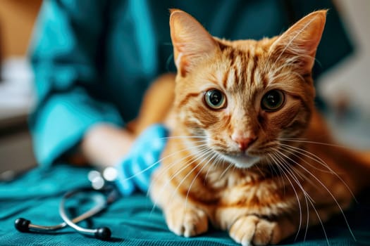 Veterinarian examining a cat in a veterinary clinic, closeup. Generative Ai.