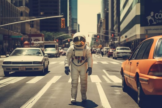 Astronaut walking down at the old streets Generative AI.