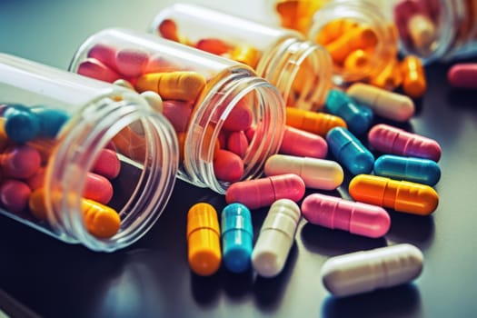 Background with many different medications pills and capsules Generative AI.