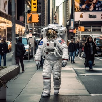 Astronaut walking down at the old streets Generative AI.