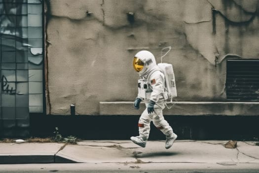 Astronaut walking down at the old streets Generative AI.