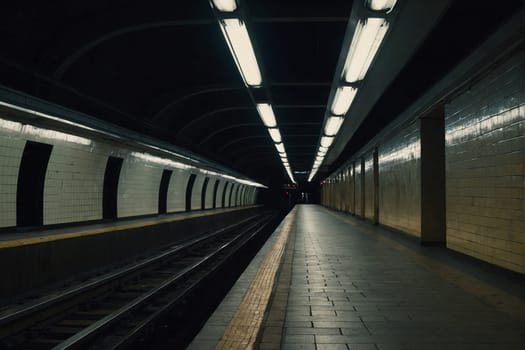 A subway station with a train stopped on the tracks, providing transportation in an urban setting.